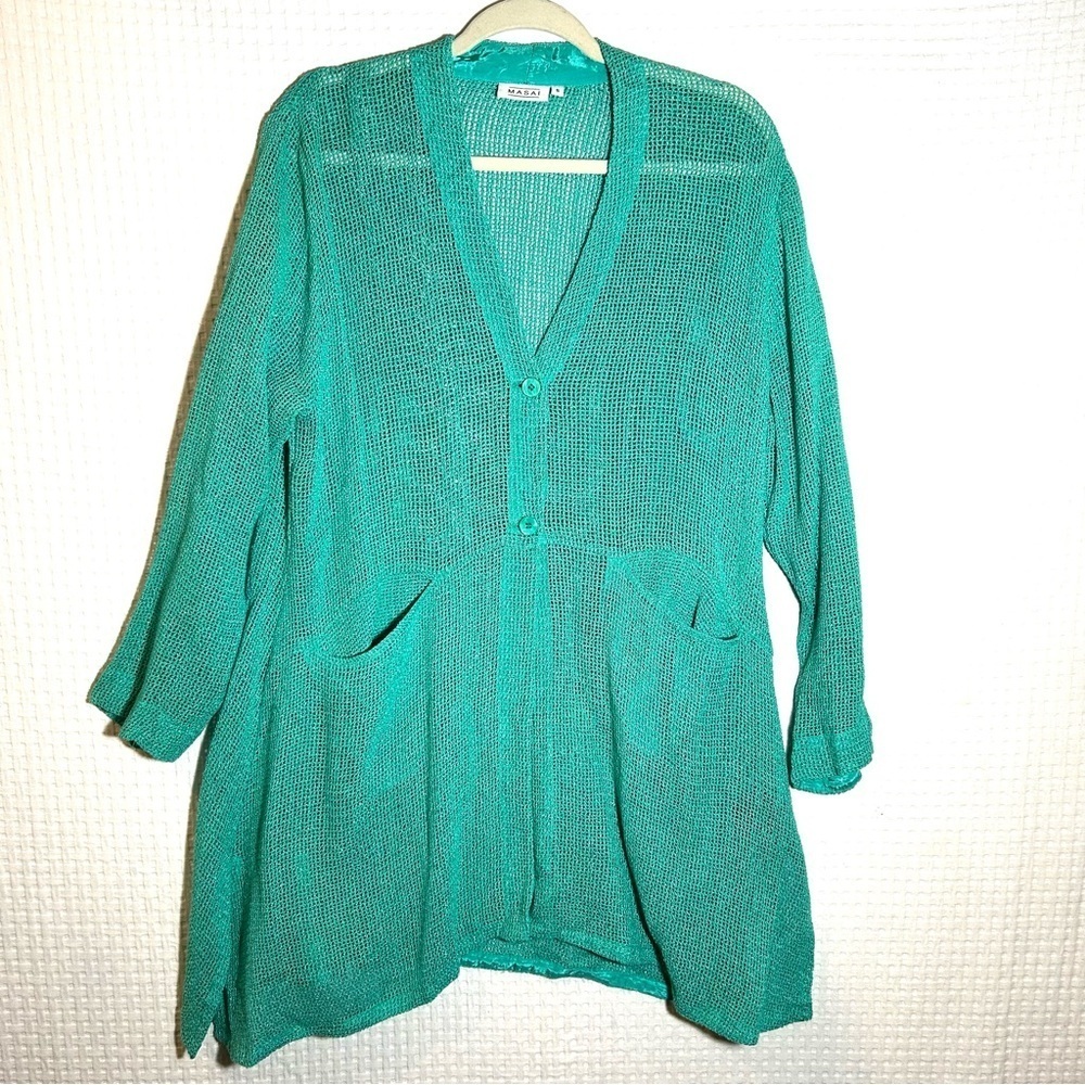 Masai Size S Cover Up Cardigan Mesh Open Weave Knit 2-Buttons Pockets Green